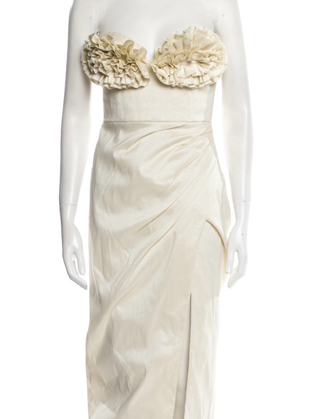 Rachel Gilbert Ivory Strapless Ruffle Bust Evening Gown